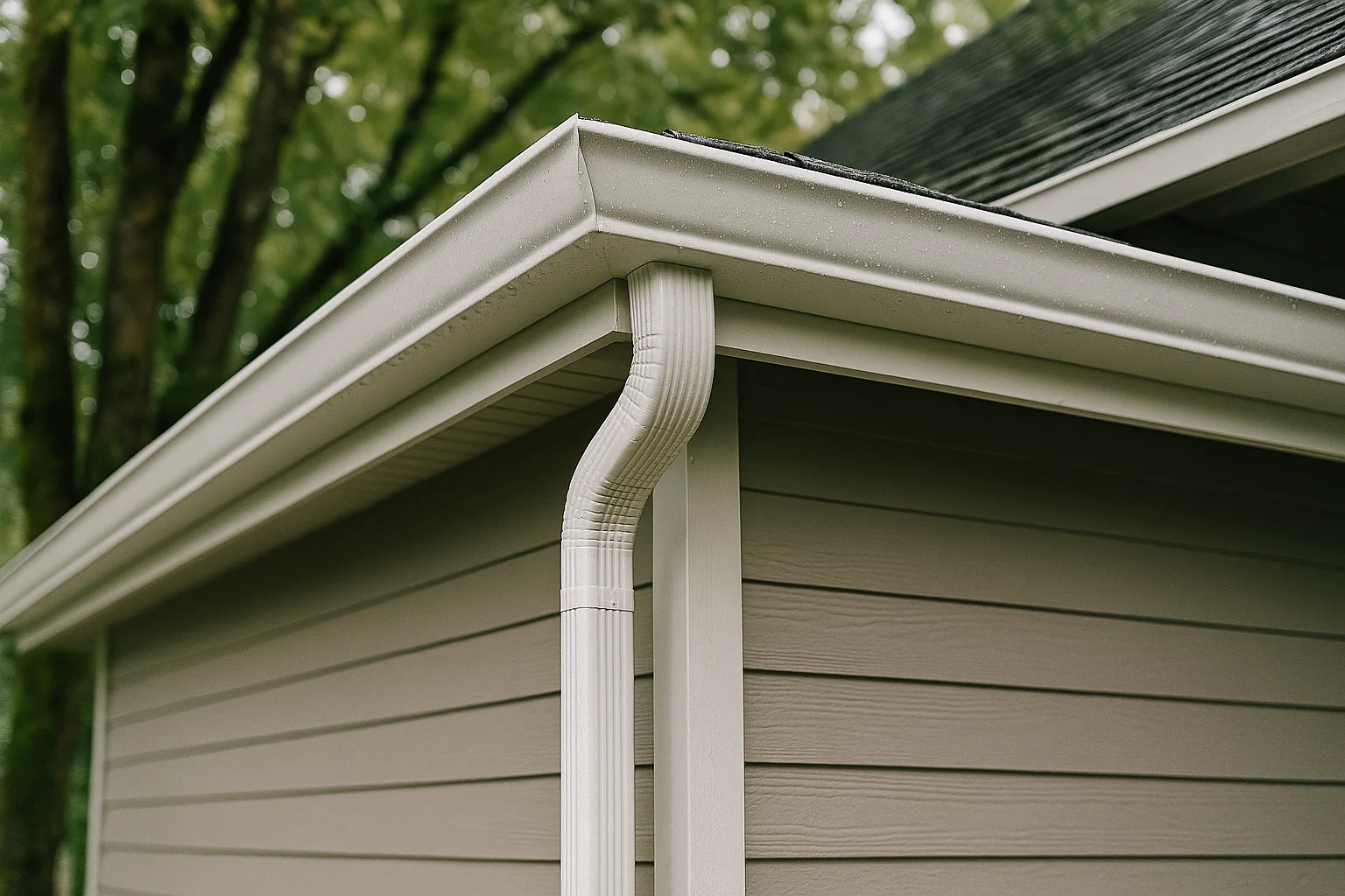 Seamless gutters on a Hillsboro home during valley rain